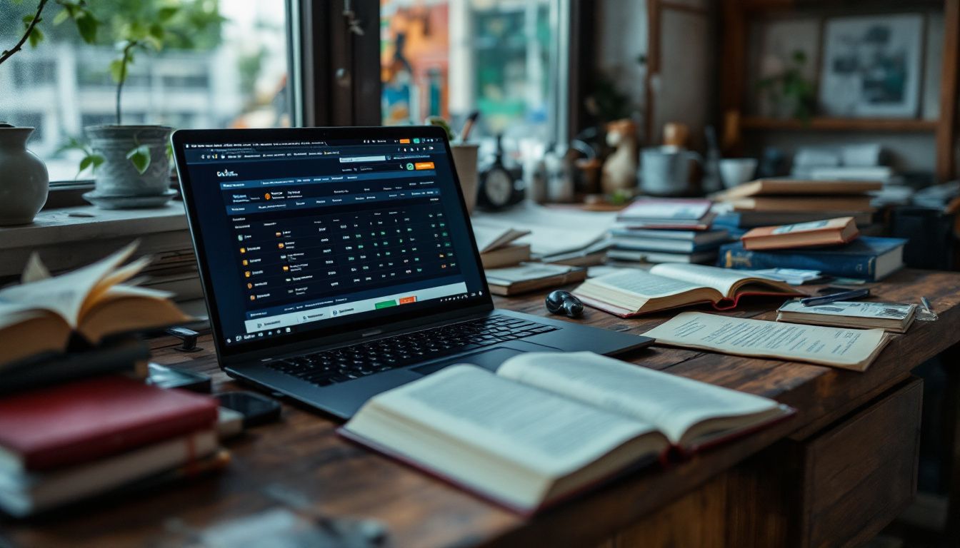 A cluttered wooden desk with open books, papers, and a laptop.