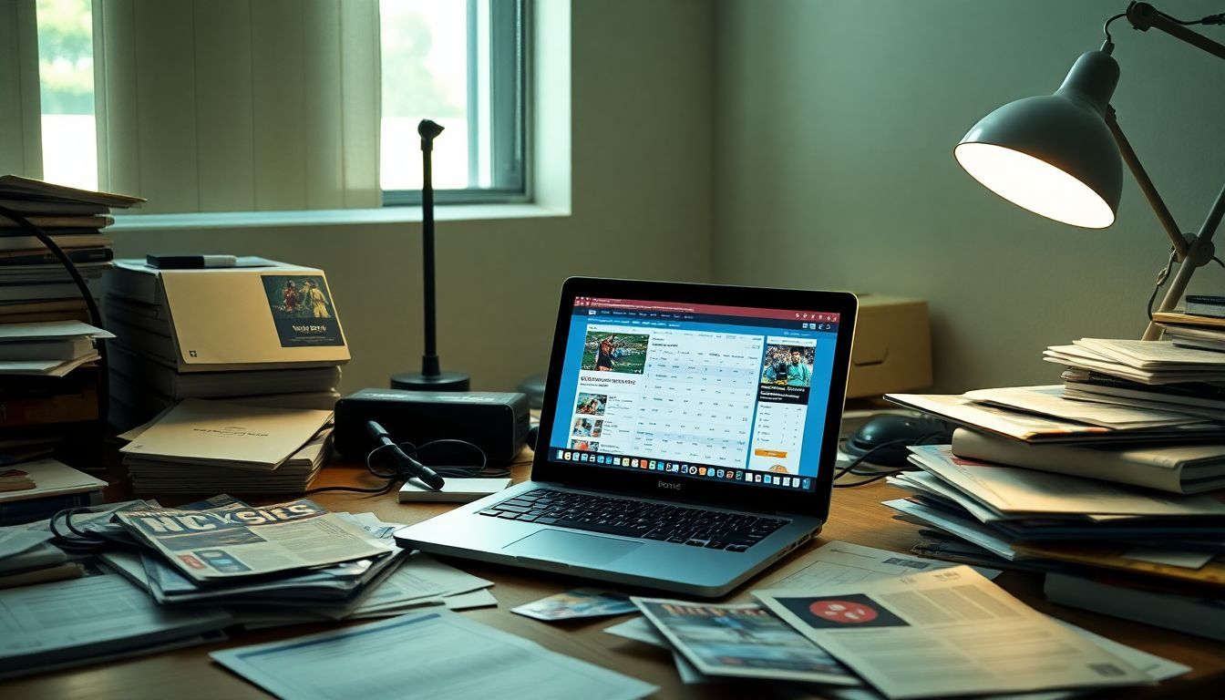 A cluttered office desk with open laptop displaying betting sites and cricket odds.